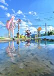  <|>_<|> 2girls absurdres ahoge black_wings blue_archive blue_sky blush bow breasts cloud cloudy_sky commentary cyansapphire day green_eyes hair_bow halo hanako_(blue_archive) haniwa_(statue) head_wings highres koharu_(blue_archive) long_hair multiple_girls outdoors pink_hair pink_halo pointing power_lines puddle reflection reflective_liquid road_sign scenery shirt sign sky stop_sign twintails untranslatable_commentary white_shirt wings 