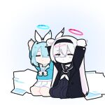  2girls =_= arms_up arona_(blue_archive) black_coat black_hairband black_sailor_collar black_serafuku black_skirt blue_archive blue_hair blue_halo blue_shirt bow_hairband choker closed_eyes coat colored_inner_hair commentary_request gradient_background hair_over_one_eye hairband halo korean_commentary long_hair long_skirt long_sleeves lowres multicolored_hair multiple_girls neckerchief pink_hair plana_(blue_archive) pleated_skirt punishment red_halo ruria03 sailor_collar school_uniform serafuku shirt short_hair simple_background skirt white_choker white_hair white_hairband white_neckerchief white_sailor_collar white_skirt 