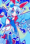  1girl animal_ears armpits belt blue_boots blue_eyes blue_hairband blue_jacket blue_sports_bra blush boots breasts collarbone commentary ear_covers fang fingerless_gloves gloves grey_hair grey_tail grin hair_between_eyes hairband headband highres horse_ears horse_girl horse_tail jacket kitnoko lightning_bolt_print lightning_bolt_symbol long_hair long_sleeves midriff multicolored_hairband navel open_mouth pants red_belt red_headband red_socks small_breasts smile socks sports_bra star_(symbol) striped_clothes striped_hairband tail tamamo_cross_(fast_as_lightning)_(umamusume) tamamo_cross_(umamusume) teeth two-tone_hairband umamusume very_long_hair white_pants 