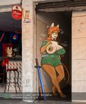 absurd_res anthro areola big_breasts biped blush bodily_fluids breasts choker clothed clothing detailed_background dialogue domestic_cat dress eyelashes felid feline felis female green_clothing green_dress green_eyes hi_res jewelry johnmarten mammal melee_weapon necklace one_breast_out orange_body outside pasties pupils smile sweat sweaty_breasts sword tail text weapon