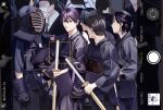 6+boys armor black_hair blue_gloves blue_hair blue_shirt bougu closed_mouth commentary_request dou english_text faceless fake_phone_screenshot fake_screenshot faulds gloves green_eyes hair_between_eyes highres holding holding_sword holding_weapon japanese_armor kendo kendo_mask kenmochi_touya long_sleeves looking_at_viewer male_focus multiple_boys nijisanji ochazuke_ha people purple_gloves purple_hair purple_shirt shinai shirt short_hair sword tagame_kenmochi twitter_username unworn_gloves virtual_youtuber weapon 