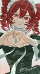  1girl black_dress cross-laced_clothes cross-laced_dress dress drill_hair frilled_hairband frills hairband heart heart_hands highres kasane_teto looking_at_viewer maid_headdress makoto_(roketto-massyumaro) parted_lips red_eyes red_hair solo twin_drills utau white_hairband 