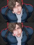  1boy 1other arms_behind_back blood blood_on_face blue_eyes blue_shirt brown_hair chest_harness collared_shirt commentary hands_on_another's_face harness highres leon_s._kennedy male_focus mayo_(myaoruki) multiple_views parted_bangs parted_hair parted_lips pov pov_hands resident_evil shirt short_hair 