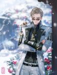  1boy animal_on_shoulder armor artist_name belt belt_buckle bird bird_on_shoulder black_belt black_gloves black_vest blue_shirt blurry blurry_background buckle coat collared_shirt commentary_request crossed_arms fingerless_gloves flower gloves green_necktie grey_hair japanese_armor kote kurokote male_focus necktie official_artist_extra open_clothes open_coat pants pocket_square red_eyes red_flower sanchoumou shirt short_hair signature snow solo suda_ayaka sunglasses tassel touken_ranbu vest white_coat white_pants wing_collar 