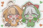  2girls :3 :d ahoge black_tail bow brown_hair brown_outline cecilia_immergreen chibi chibi_only commentary english_commentary full_body gigi_murin green_eyes green_hair green_outline grid_background hair_between_eyes heart holding holding_instrument holding_maracas hololive hololive_english hood hood_up instrument maracas multicolored_hair multicolored_outline multiple_girls netqwrk onesie open_mouth orange_hair outline pink_eyes red_bow smile tail two-tone_hair watermark white_hair winding_key 