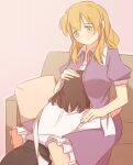  2girls between_breasts black_skirt blonde_hair blush breasts brown_hair camisole closed_mouth collared_dress collared_shirt commentary_request contrast_collar couch dress hand_on_another's_arm head_between_breasts head_on_another's_stomach headpat hug long_hair maribel_hearn medium_hair missing_headwear multiple_girls open_clothes open_dress pillow purple_dress shirt shirt_tucked_in short_sleeves sidelocks sitting skirt sleeve_cuffs smile touhou unagi_sango usami_renko white_camisole white_shirt yellow_eyes yuri 