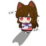  1girl animal_ears blush brown_hair chibi chibi_only commentary_request dress full_body highres hot imaizumi_kagerou kurotaro long_hair long_sleeves open_mouth purple_dress red_eyes shadow simple_background solo sweatdrop touhou translation_request very_long_hair white_background wolf_ears wolf_girl 