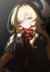  1girl black_gloves black_jacket black_shirt black_skirt blonde_hair blue_archive blush bow box commentary_request eyes_visible_through_hair fluffy_hair gloves green_eyes grin hair_over_one_eye halo heart-shaped_box highres holding holding_box jacket long_hair looking_at_viewer professor_niyaniya_(blue_archive) red_bow shirt skirt smile solo very_long_hair yellow_halo zc007 