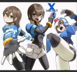  1girl aile_(mega_man_zx) armor biometal black_border blue_armor blue_helmet blue_jacket border brown_hair commentary cowboy_shot forehead_jewel green_eyes helmet henshin henshin_pose jacket mega_man_(series) mega_man_zx model_x_(mega_man) multiple_views robot_ears short_hair shorts sulus white_shorts 