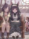  4girls absurdres animal_ear_fluff animal_ears bench black_dress black_hair blush boots breasts closed_eyes commentary_request demon_girl demon_horns dog_ears dog_girl dress foolforpriconne hair_ornament highres horns kasumi_(princess_connect!) kasumi_(sister)_(princess_connect!) kiri_(princess_connect!) lady_arachne_(princess_connect!) long_hair looking_at_viewer multiple_girls naana_(princess_connect!) nun open_mouth pink_hair princess_connect! purple_eyes purple_hair sitting sleeping 