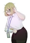  1girl adjusting_eyewear black-framed_eyewear black_pantyhose black_skirt blonde_hair breasts buttons collared_shirt formal_clothes glasses green_eyes highres holding holding_paper huge_breasts id_card office_lady one_eye_covered original pantyhose paper paper_stack pencil_skirt rectangular_eyewear shirt shirt_tucked_in simple_background skirt sleeves_rolled_up ukavonnak unkempt white_background white_shirt 