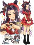  3girls animal_ears beret black_bow black_hair black_shoes black_socks black_wrist_cuffs blue_shirt blunt_bangs blush bow braid breasts brown_hair brown_hat cellphone closed_eyes closed_mouth collared_shirt ear_covers ears_through_headwear embarrassed fenomeno_(umamusume) flipped_hair flying_sweatdrops four-finger_heart_hands gold_ship_(umamusume) grey_hair hat heart heart_hands highres hokko_tarumae_(umamusume) holding holding_phone horse_ears horse_girl horse_tail jacket koppe_koppe long_braid long_hair long_sleeves medium_breasts multicolored_hair multiple_girls musical_note pants phone pillbox_hat purple_eyes purple_hair red_jacket red_skirt shirt shoes skirt smartphone smile socks sweatdrop tail taking_picture twin_braids umamusume white_hair white_shirt white_skirt wrist_cuffs 