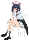  1girl absurdres animal_ears animal_print black_choker black_hair black_jacket black_mask black_shoes black_socks blue_archive blush cat_ears cat_girl cat_print choker clothes_around_waist colored_inner_animal_ears colored_inner_hair commentary crossed_legs extra_ears halo highres jacket jacket_around_waist kazusa_(band)_(blue_archive) kazusa_(blue_archive) kneehighs looking_at_viewer mask mouth_mask multicolored_hair official_alternate_costume pink_hair pink_halo red_eyes riel_(rielilu) shirt shoes short_hair short_sleeves sitting socks solo t-shirt thigh_strap two-tone_hair white_shirt 