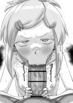  1boy 1girl :>= absurdres bandaid bandaid_on_face bandaid_on_nose bar_censor blush censored commentary_request deux_murasame erection fellatio flat_chest freckles furrowed_brow greyscale gundam gundam_gquuuuuux hair_ornament hairclip hetero highres kaiman_garupan looking_at_viewer monochrome nipples oral penis pov short_hair sidelocks steaming_body sweat updo white_background 