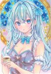  1girl :o bands black_shirt blue_bow blue_bowtie blue_eyes blush bow bowtie bra_strap breasts cleavage cleavage_cutout clothing_cutout commentary cup detached_collar double-parted_bangs frilled_arm_strap frilled_straps grey_hair hair_between_eyes hair_bow hair_intakes hananagi_honoka heart_cutout highres holding holding_cup long_hair marker_(medium) original parted_lips shirt solo straight_hair traditional_media upper_body wing_collar 