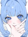  1girl 1other ahoge artist_name blue_eyes blue_hair blue_shirt blunt_bangs blush collar commentary_request copyright_notice curled_ends dot_nose eyebrows_hidden_by_hair frilled_shirt_collar frills gingham_clothes hair_intakes hair_ornament half-closed_eye hand_on_another's_cheek hand_on_another's_chin hand_on_another's_face heart heart-shaped_pupils hikimayu l_hand long_eyelashes looking_at_viewer multicolored_shirt nichijou_kamoshirenai parted_lips portrait pov pov_hands ringlets shirt short_eyebrows sidelocks sora_(wolrero) symbol-shaped_pupils thick_eyebrows twintails two-tone_shirt white_background white_collar white_shirt wolrero 