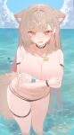  1girl @_@ absurdres animal_ear_fluff animal_ears bikini black_bikini black_choker blue_sky blush braid breasts brown_hair choker cloud commentary_request covering_breasts covering_privates day embarrassed fang fluffy_tail hair_intakes hair_ornament highres horizon huge_breasts jewelry long_hair mayu_shirasaki navel necklace ocean open_mouth original outdoors parted_bangs raised_inner_eyebrows red_eyes side_braid signature sky solo sorotu spoken_blush swimsuit thigh_strap topless_female triangle_hair_ornament wading wardrobe_malfunction wet 