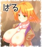  bad_id bad_pixiv_id blonde_hair breasts green_eyes huge_breasts mizuhashi_parsee nipples no_bra pointy_ears scarf solo touhou tro 