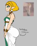 2026 2bad2juju absurd_res bedroom_eyes big_butt biped blonde_eyebrows blonde_hair bracelet breasts butt clothing digital_drawing_(artwork) digital_media_(artwork) directional_arrow dress ear_piercing ear_ring english_text evil_container eyebrows eyelashes female green_clothing green_dress green_eyes grey_background hair headdress hi_res huge_butt humanoid humanoid_pointy_ears hylian jewelry medium_breasts meme narrowed_eyes necklace nintendo not_furry piercing pointy_ears pose princess_zelda ring_piercing screencap seductive short_hair simple_background sketch smile solo standing strapless_clothing strapless_dress text the_legend_of_zelda white_body white_clothing white_dress white_sclera white_skin