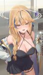  1girl absurdres black_choker black_dress blonde_hair blue_bow blue_eyes blue_hair blue_streaks bow braid braided_ponytail breasts choker cleavage commentary double_halo dress elevator hair_between_eyes hair_bow hair_ornament halo heart heart_hair_ornament highres jacket kaneko_lumi large_breasts long_hair looking_at_viewer multicolored_hair neptune_illust open_mouth phase_connect short_dress side_ponytail solo sparkle_hair_ornament star_(symbol) star_hair_ornament streaked_hair thigh_strap untranslatable_commentary virtual_youtuber white_jacket wing_hair_ornament 