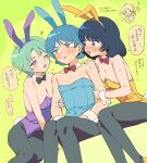  1boy 2girls absurdres animal_ear_hairband animal_ears black_hair black_pantyhose blue_eyes blue_hair blue_leotard bow bowtie breasts commentary_request crossdressing crossdressing_(mtf) detached_collar dutch_angle fa_yuiry fake_animal_ears four_murasame green_background green_hair gundam hairband highres kamille_bidan leotard male_playboy_bunny medium_breasts multiple_girls natsuki_marina one_eye_closed pantyhose purple_leotard rabbit_ear_hairband rabbit_ears short_hair simple_background sitting speech_bubble strapless strapless_leotard translation_request wrist_cuffs yellow_leotard zeta_gundam 