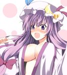  blush breasts cleavage crescent hat kamemasa large_breasts long_hair open_clothes open_robe patchouli_knowledge purple_eyes purple_hair robe solo touhou 