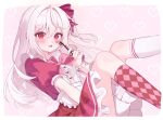  1girl apron asymmetrical_legwear barcode barcode_tattoo blush bow cheek_tattoo commentary_request dress facial_tattoo frilled_apron frilled_dress frills genderswap genderswap_(mtf) hair_intakes highres indie_utaite long_hair looking_at_viewer mafumafu mismatched_legwear one_side_up open_mouth pink_bow pink_dress puffy_short_sleeves puffy_sleeves red_eyes sarin_(seoling) short_sleeves solo tattoo white_apron white_hair 
