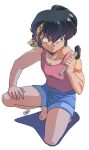 1boy bandeau blue_shorts closed_mouth collarbone commentary_request denim denim_shorts full_body hammer hand_on_own_leg hibiki_ryouga highres holding holding_hammer male_focus mizusatsu5zke muscular muscular_male orange_eyes pink_tank_top ranma_1/2 ranma_1/2_kessen_tougenkyou!_hanayome_wo_torimodose! short_hair shorts solo squatting tank_top v-shaped_eyebrows yellow_bandeau 