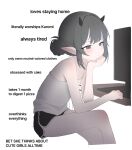  1girl absurdres black_hair black_shorts blush camisole closed_mouth computer crossed_legs dolphin_shorts english_text feet_out_of_frame grey_eyes grey_hair hair_bun head_rest highres horns monitor original pointy_ears poko_(poko) short_hair short_shorts shorts sidelocks simple_background sitting solo white_background 