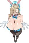  1girl absurdres animal_ears asuna_(blue_archive) asuna_(bunny)_(blue_archive) blue_archive blue_leotard bow breasts closed_eyes commentary detached_collar fake_animal_ears gloves grin hair_over_one_eye highres large_breasts leotard long_hair official_alternate_costume pantyhose playboy_bunny rabbit_ears riel_(rielilu) smile strapless strapless_leotard white_gloves 