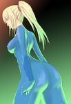  ass bad_id bad_pixiv_id blonde_hair blue_eyes bodysuit furubokko highres metroid ponytail samus_aran solo zero_suit 