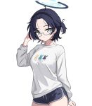  1girl absurdres black_hairband blue-framed_eyewear blue_archive blue_hair blue_shorts breasts chihiro_(blue_archive) chihiro_(pajamas)_(blue_archive) closed_mouth commentary cowboy_shot dolphin_shorts english_commentary forehead glasses grey_eyes hairband halo hand_up highres large_breasts long_sleeves looking_at_viewer nyatako official_alternate_costume one_side_up print_shirt semi-rimless_eyewear shirt short_hair shorts simple_background solo standing white_background white_shirt 