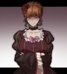  1girl annoyed beatrice_(umineko) blonde_hair blue_eyes bow bowtie commentary crossed_arms dress fishbowl_meguri highres looking_at_viewer pink_bow pink_bowtie teeth umineko_no_naku_koro_ni victorian 