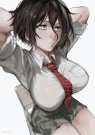  1girl arms_behind_head arms_up asai_akira breast_pocket breasts brown_hair chair closed_mouth collared_shirt commentary diagonal-striped_clothes diagonal-striped_necktie dress_shirt grey_skirt hair_between_eyes large_breasts light_frown loose_necktie mendo0821 miniskirt neckerchief necktie on_chair pleated_skirt pocket red_eyes red_neckerchief sanpaku school_chair school_uniform shirt short_hair simple_background sitting skirt sleeves_rolled_up solo striped_clothes striped_necktie white_background white_shirt yofukashi_no_uta 