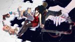  1boy 1girl absurdres ada_wong bare_shoulders black_choker black_hair black_jacket black_pants black_pantyhose black_shoes blue_butterfly breasts brown_hair bug butterfly cat cha_shaodog choker commentary compact_(cosmetics) cosmetics dog dress english_commentary full_body gun hair_over_one_eye handgun hetero high_heels highres holding_hands jacket leon_s._kennedy medium_breasts pants pantyhose red_dress resident_evil resident_evil_2 resident_evil_requiem rocket_launcher shoes short_dress short_hair sitting sleeveless sleeveless_dress stuffed_animal stuffed_toy teddy_bear weapon 