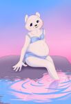 2023 5_fingers anthro bear belly bent_legs big_belly black_kitty black_nose blue_bottomwear blue_bra blue_clothing blue_eyes blue_sky blue_underwear blush bottomwear bra breasts cheek_tuft clear_sky clothed clothed_anthro clothed_female clothing colored digital_drawing_(artwork) digital_media_(artwork) english_description eyebrows eyelashes facial_tuft female fingers fully_clothed fully_clothed_anthro fully_clothed_female fur happy hi_res lidded_eyes light lighting mama_bear_(wootbear) mammal midriff neck_tuft on_rock open_mouth open_smile outside partially_submerged polar_bear pregnant pregnant_anthro pregnant_female reflection rock shaded sitting sitting_on_rock sky small_breasts smile solo straight_arm tuft underwear ursine water white_body white_eyebrows white_fur