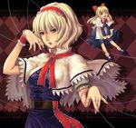  alice_margatroid apron blonde_hair blue_eyes bobby_socks bow capelet doll face hair_bow hairband hands long_hair mary_janes natsume_k shanghai_doll shoes short_hair socks solo string touhou waist_apron 