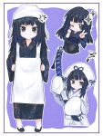  1girl :t anger_vein animal_print apron araya_(project_moon) arrow_(symbol) black_hair black_sandals blue_kimono blue_ribbon blue_sash blue_streaks blunt_bangs border butterfly_print butterfly_print_kimono child clenched_hand closed_mouth colored_inner_hair commentary english_commentary grey_eyes hand_up haneetyann hat headscarf highres holding holding_sword holding_weapon japanese_clothes kimono limbus_company long_hair looking_at_viewer multicolored_hair multiple_views one_eye_closed outline oversized_clothes pout print_kimono project_moon purple_background ribbon sandals sash sleeves_past_fingers sleeves_past_wrists sparkle sparkling_aura standing streaked_hair sword two-tone_hair uchikake v wataboushi weapon white_apron white_border white_hat white_headscarf white_kimono white_outline 