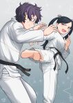  1boy 1girl :d abstract_background barefoot black_hair brown_eyes commentary_request commission earrings feet_out_of_frame flower grey_eyes hair_flower hair_ornament half-closed_eye hands_up highres jae_yeon_(adriannecheung) jewelry judo kicking long_hair martial_arts martial_arts_belt multicolored_hair open_mouth original parted_bangs purple_streaks sage_tory short_hair skeb_commission smile soles standing standing_on_one_leg star_(symbol) star_symbol_background streaked_hair stud_earrings toes twintails white_dougi yoshiro_(yoshirojudo) 