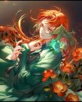  1girl \||/ art_study au_ra bug butterfly butterfly_on_shoulder buttons collared_dress commentary_request cowboy_shot doro_(sabarudoro) dragon_girl dragon_horns dress final_fantasy final_fantasy_xiv floating_hair flower flower_request glasses green_dress green_eyes halmarut_(ff14) hands_up highres horns leaf letterboxed long_hair long_sleeves looking_at_viewer orange_flower orange_hair parted_hair parted_lips plant rimless_eyewear round_eyewear smile tassel 