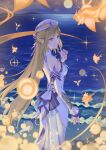  1girl absurdres afureru_colors artistic_error back backless_dress backless_outfit bare_shoulders blonde_hair blue_eyes breasts closed_mouth commentary detached_sleeves dress from_behind full_moon genshin_impact hand_up hat highres light_smile long_hair long_sleeves looking_at_viewer medium_breasts moon nicole_reeyn night outdoors seelie_(genshin_impact) sleeveless sleeveless_dress solo very_long_hair water white_dress white_hat white_sleeves wrong_hand 
