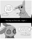 ambiguous_gender anthro black_and_white blush comic cutie_clanket cutie_clover dialogue directional_arrow duo english_text eye_markings female_(lore) heart_(marking) hi_res juniper_bloom male_(lore) markings monochrome rain_world semi-anthro slugcat speech_bubble text videocult