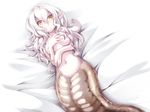  bad_id bad_pixiv_id breasts frfr lamia medium_breasts monster_girl nude original pointy_ears solo staring white_hair yellow_eyes 