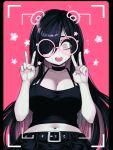  1girl amissio aria_wintermint belt belt_buckle black_belt black_camisole black_choker black_hair black_skirt black_tank_top breasts buckle camisole choker cleavage collarbone commentary crop_top double_v english_commentary glasses goth_fashion green_eyes hair_over_one_eye highres large_breasts long_hair midriff navel negative_frames open_mouth parororo pink-framed_eyewear pink_background round_eyewear simple_background skirt solo tank_top teeth the_crawling_city upper_teeth_only v 