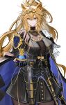  1girl absurdres animal_ears arknights armor armored_dress black_cape black_dress black_gloves blonde_hair blue_cape cape chinese_commentary commentary_request cowboy_shot dress english_commentary gloves gold hair_between_eyes hair_ornament highres holding long_hair madana_gege mixed-language_commentary siege_(arknights) signature simple_background solo standing two-sided_cape two-sided_fabric vina_victoria_(arknights) watermark white_background yellow_eyes 