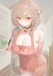  1girl absurdres animal_ear_fluff animal_ears apron arm_behind_back bandaid bandaid_on_breast bandaid_on_leg bandaid_on_thigh bell bent_over black_choker blurry blurry_background blush braid breasts brown_hair choker cleavage colored_inner_hair commentary cowboy_shot extra_ears fang fox_ears fox_girl fox_tail frilled_apron frills furrowed_brow hair_intakes hair_ornament hairclip highres holding holding_ladle indoors jingle_bell ladle large_breasts leaning_forward legs_together long_hair looking_at_viewer mayu_shirasaki multicolored_hair naked_apron neck_bell open_mouth original parallel_hairclips pink_apron pink_hair red_eyes side_braid skin_fang solo sorotu standing tail thighhighs two-tone_hair white_thighhighs 