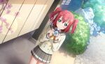  1girl aqua_eyes black_border blush border bow bowtie buttons commentary_request day double-breasted flower game_asset green_eyes grey_sailor_collar grey_skirt hair_between_eyes highres holding kurosawa_ruby letterboxed long_sleeves looking_at_viewer love_live! love_live!_sunshine!! miniskirt non-web_source official_art outdoors pillarboxed pleated_skirt red_hair sailor_collar school_uniform self-datamine serafuku skirt smile solo standing tree two_side_up uranohoshi_school_uniform world_dai_star 