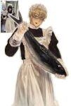  :d absurdres ahoge alternate_costume america_(hetalia) animal apron axis_powers_hetalia black_dress blonde_hair blue_eyes blush blush_stickers character_name choppy_bangs collared_dress commentary contrast_collar cowboy_shot crossdressing crossdressing_(mtf) derivative_work dress enmaided fang fish fish_request frilled_apron frills glasses gloves grey_outline highres holding holding_animal holding_fish juliet_sleeves long_sleeves looking_at_viewer maid maid_apron maid_headdress male_maid mismatched_eyebrows name_tag narrowed_eyes outer_glow outline parted_bangs photo_inset puffy_sleeves rectangular_eyewear reference_inset see-through_clothes see-through_gloves short_hair sideways_glance simple_background single_blush_sticker skin_fang sleeve_cuffs smile untranslatable_commentary v-shaped_eyebrows very_short_hair vvyy4 white_apron white_background 