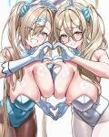  2girls akane_(blue_archive) akane_(bunny)_(blue_archive) alternate_costume animal_ears asuna_(blue_archive) asuna_(bunny)_(blue_archive) bare_shoulders blonde_hair blue_archive blue_eyes breast_press breasts brown_eyes commentary_request glasses gloves halo highres large_breasts long_hair looking_at_viewer mole mole_on_breast multiple_girls official_alternate_costume playboy_bunny rabbit_ears sayu_mypace simple_background twintails very_long_hair white_background white_gloves 