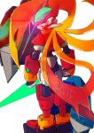  1other 96uni69 armor biometal blonde_hair commentary_request energy_sword forehead_jewel from_behind full_body green_eyes helmet highres holding holding_sword holding_weapon long_hair looking_at_viewer looking_back mega_man_(series) mega_man_zx model_x_(mega_man) model_z_(mega_man) model_zx_(mega_man) red_armor red_helmet simple_background solo_focus standing sword weapon white_background 